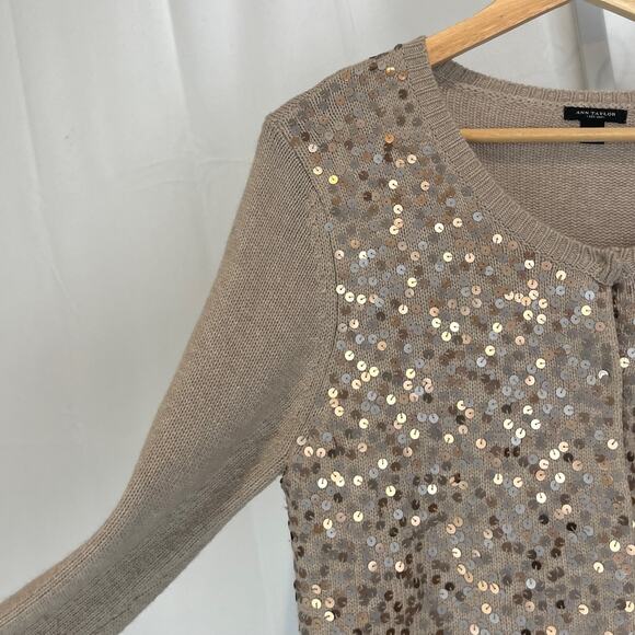 ANN TAYLOR Sequin Cardigan Sweater Embellished Wool Angora Cashmere Beige Tan L - Picture 4 of 8